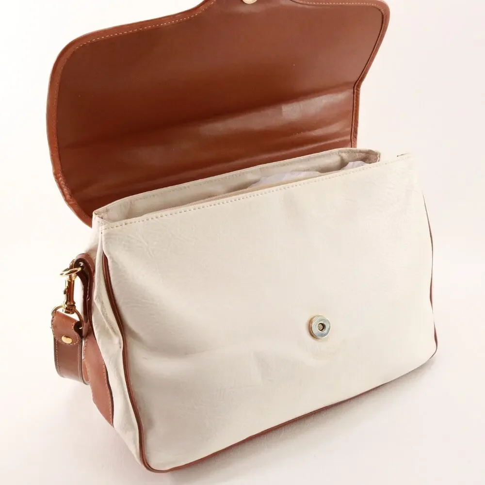 Vtg Saint Borse Handbag Women Medium Ivory Brown Pebble Leather Shoulder Bag